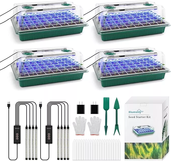 blumway-seed-starter-tray-with-grow-light-4-pack-160-cells-seedling-tray-with-hu BlumWay Seed Starter Tray with Grow Light,4 Pack 160 Cells Seedling Tray with Humidity Dome/Indoor Grow Kit for Deep-Rooted Seedlings,Adjustable/Timed Light Plant Starter Set
