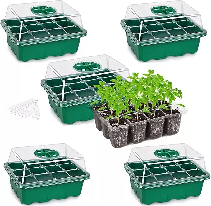 bonviee-5-pack-seed-starter-trays-seed-starter-kit-with-adjustable-humidity-dome Bonviee 5-Pack Seed Starter Trays, Seed Starter Kit with Adjustable Humidity Dome and Base Indoor Greenhouse Mini Propagator for Seeds Growing Starting (12 Cells Per Tray, Green)