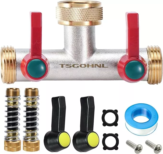 Brass Garden Hose Splitter, 2-Way Heavy Duty Faucet Splitter, 180° longitudinal，Frost Resistant Faucet Diverter for GHT 3/4" Connectors，2 protectors to prevent hose kinking