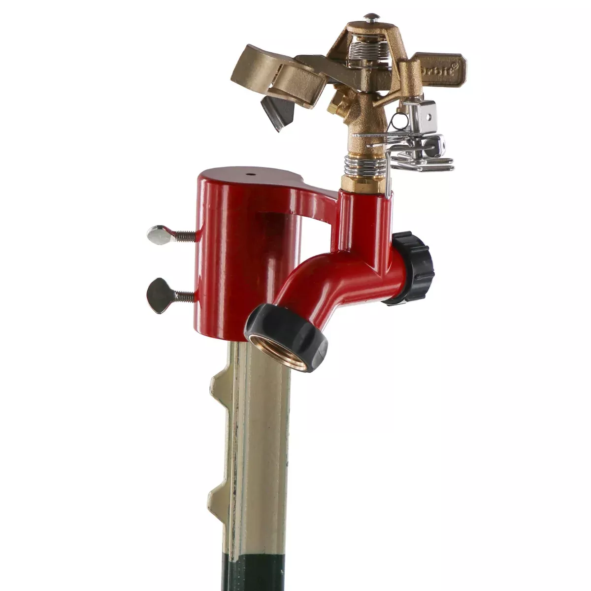 brass-impact-sprinkler-on-fence-t-post-base-with-flow-through-56743 Brass Impact Sprinkler on Fence T-Post Base with Flow Through 56743