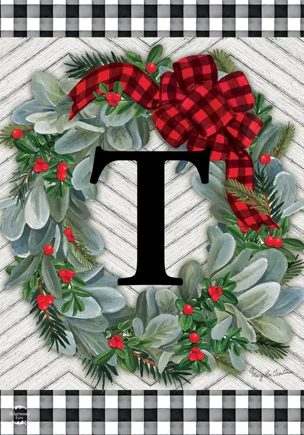 briarwood-lane-winter-wreath-monogram-letter-t-garden-flag Briarwood Lane Winter Wreath Monogram Letter T Garden Flag