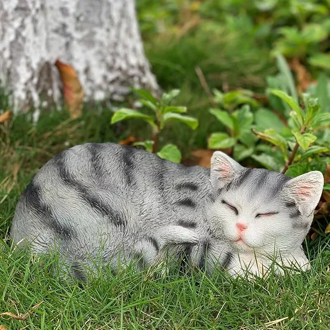 Cat Figurines Outdoor Statue Garden Decor, Cat Statue Garden Statues Outdoor Clearance for Patio, Lawn Decoration, 11.5" Larger Grey Sleeping Cat Statue for Indoor Table Accessory, Cat Gift for Mom