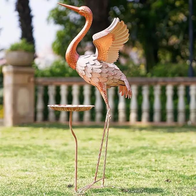 crane-garden-statue-with-birdbath-40-heron-garden-statue-crane-metal-yard-art-ou Crane Garden Statue with Birdbath, 40'' Heron Garden Statue, Crane Metal Yard Art for Outside, Backyard, Lawn, Porch Decor