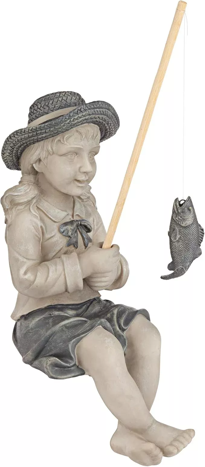 design-toscano-big-catch-fisherwoman-nellie-girl-with-fishing-pole-garden-statue Design Toscano Big Catch Fisherwoman Nellie Girl with Fishing Pole Garden Statue, Small 11 Inch Tall, Cast Stone Resin, Two Tone Stone Finish