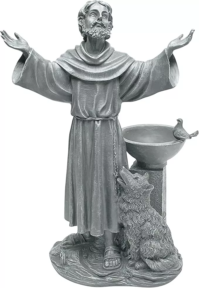 design-toscano-francis-assisi-blessing-religious-garden-decor-statue-with-bird-b Design Toscano Francis of Assisi Blessing Religious Garden Decor Statue with Bird Bath Feeder, 19 inches Tall, Cast Stone Resin, Gray Stone Finish