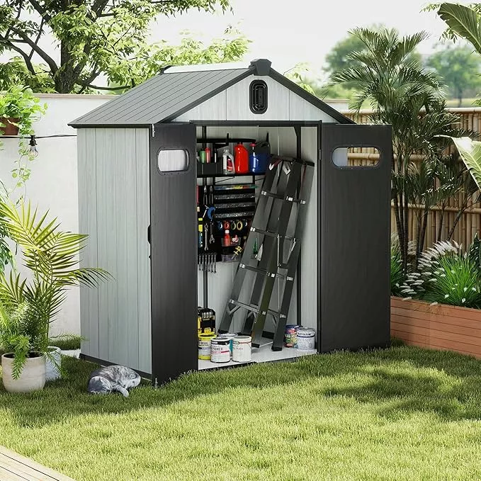 domi-6x4ft-outdoor-resin-storage-shed-with-transparent-windows-louvered-vents-pl Domi 6x4FT Outdoor Resin Storage Shed with Transparent Windows & Louvered Vents, Plastic Tool Shed with Double Lockable Doors & Gable Roof, Outside Garden Shed for Backyard, Patio, Lawn, Grey