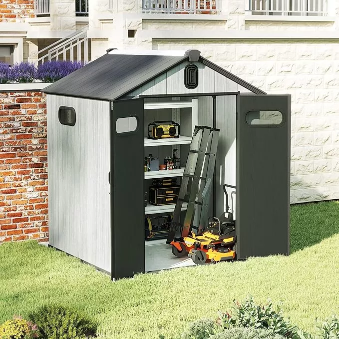 domi-6x6ft-outdoor-resin-storage-shed-with-transparent-windows-louvered-vents-pl Domi 6x6FT Outdoor Resin Storage Shed with Transparent Windows & Louvered Vents, Plastic Tool Shed with Double Lockable Doors & Gable Roof, Outside Garden Shed for Backyard, Patio, Lawn, Grey