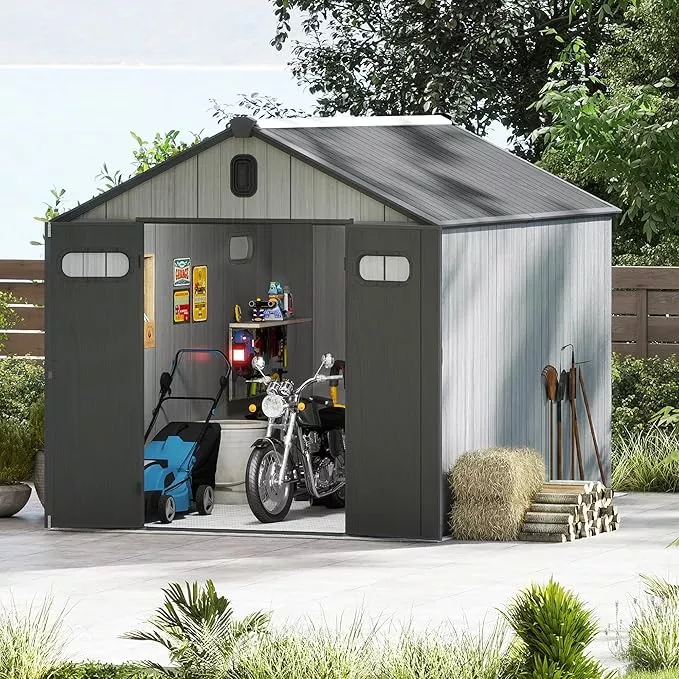 domi-8x10ft-outdoor-resin-storage-shed-with-transparent-windows-louvered-vents-p Domi 8x10FT Outdoor Resin Storage Shed with Transparent Windows & Louvered Vents, Plastic Tool Shed with Double Lockable Doors & Gable Roof, Outside Garden Shed for Backyard, Patio, Lawn, Grey