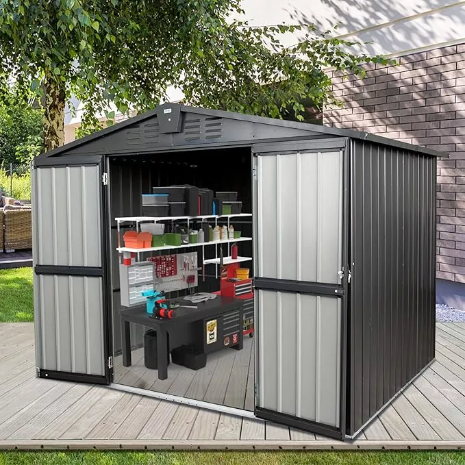 domi-outdoor-storage-shed-8-2-x-6-2-metal-steel-utility-tool-shed-storage-house- Domi Outdoor Storage Shed 8.2' x 6.2', Metal Steel Utility Tool Shed Storage House with Double Lockable Doors & Air Vent for Backyard Garden Patio Lawn