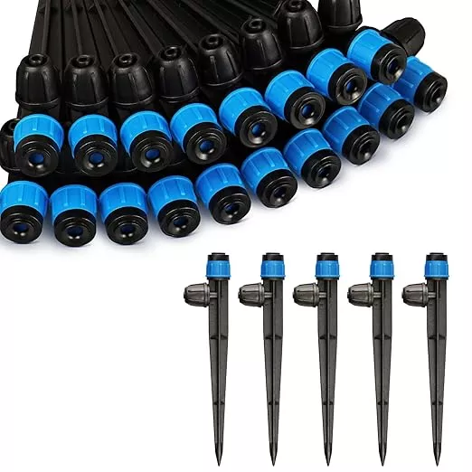 drip-irrigation-emitters-fittings-adjustable-irrigation-sprayer-1-4-inch-drip-tu Drip Irrigation Emitters Fittings: Adjustable Irrigation Sprayer for 1/4 inch Drip Tubing Full Circle Vortex Stream Dripper on 5" Arrow Stake Barbed Locked Nuts Connectors (50 Pieces)
