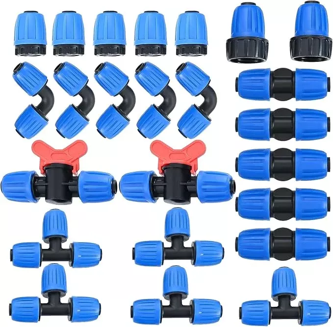 drip-irrigation-fittings-kit-1-2-inch-tubing-24-pcs-1-2-id-x-0-6-0-63-od-16-mm-d Drip Irrigation Fittings Kit for 1/2 Inch Tubing, 24 PCS 1/2" ID x 0.6-0.63" OD 16 mm Drip Anti-drop Barbed Locked Nut Connectors - 5 Tees, 5 Couplings, 2 Switch Valves, 5 End Cap, 5 Elbows, 2 Adapter