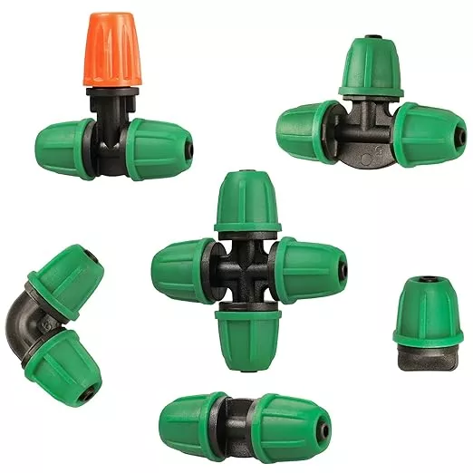 drip-irrigation-fittings-kit-1-4-tubing-65-pcs-drip-line-lock-barbed-connectors- Drip Irrigation Fittings Kit for 1/4" Tubing, 65 Pcs Drip Line Lock Barbed Connectors for Drip Systems - 18 Couplings, 15 Tees, 12 End Caps,1 0 Elbows, 5 Cross Connectors, 5 Misters Nozzles