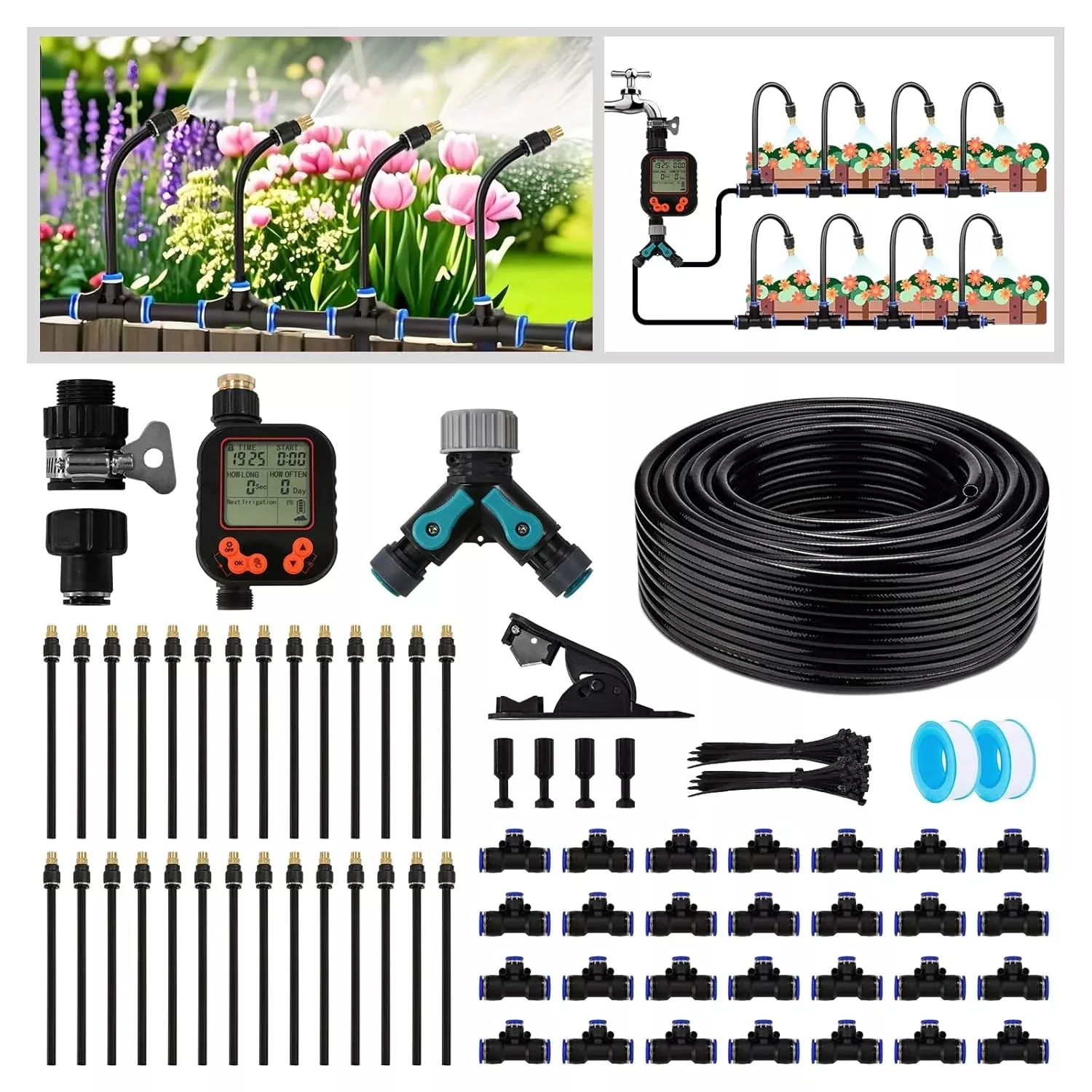 drip-irrigation-kit-100-ft-hose-sprinkler-system-with-360-nozzles-t-connectors-g Drip Irrigation Kit - 100 FT. Hose Sprinkler System with 360° nozzles and T-connectors for Gardens, lawns, Plants, Flower beds, Trees, patios and hydroponics (Closeable nozzle-16)