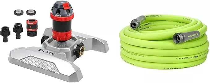 eden-metal-adjustable-6-pattern-mobile-rotary-gear-drive-garden-sprinkler-bundle Eden Metal Adjustable 6-Pattern Mobile Rotary Gear Drive Garden Sprinkler Bundle with Flexzilla Garden Hose