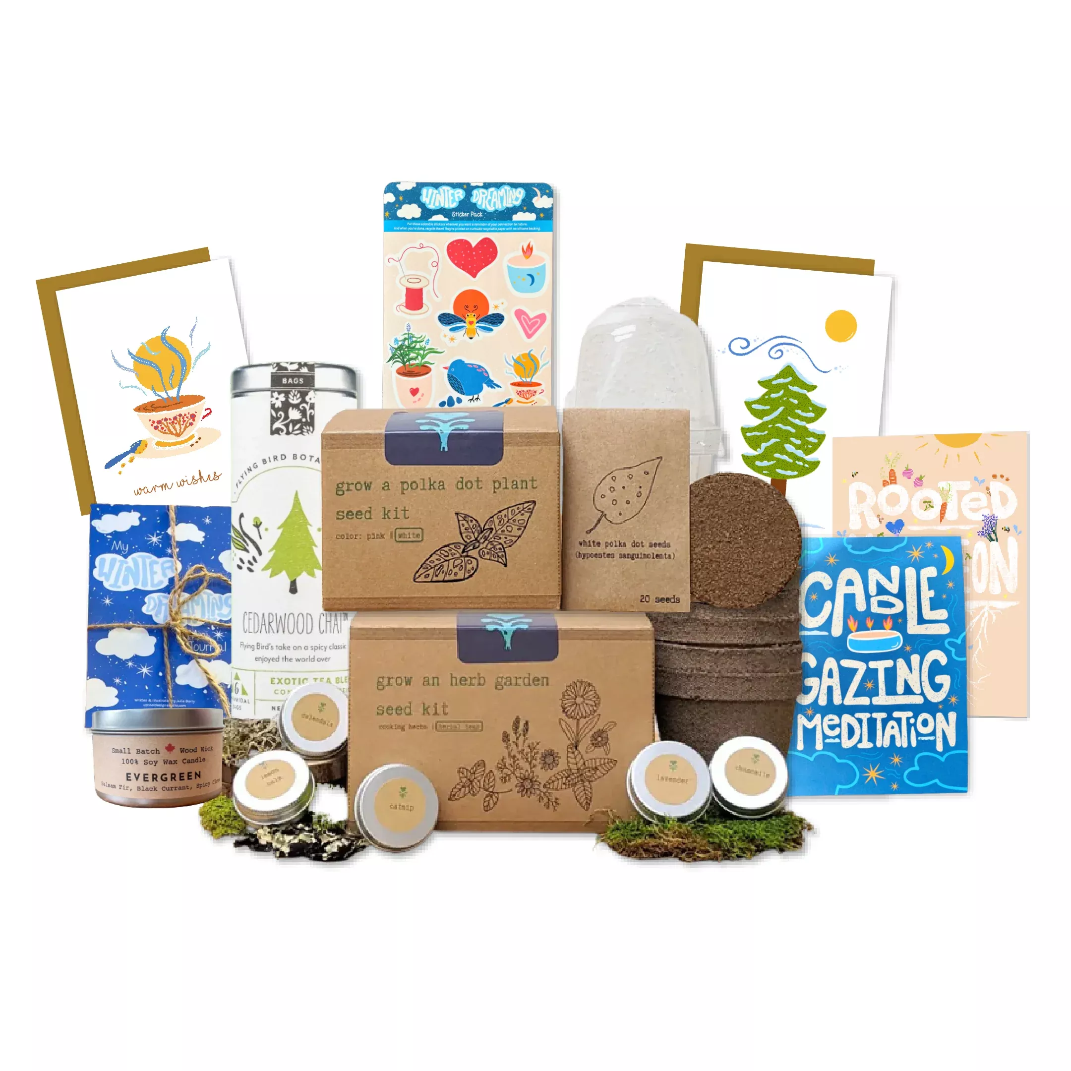festive-garden-gift-box-chai-stickers-evergreen-candle-cards-meditations-journal "Festive Garden" Gift Box: Chai, Stickers, Evergreen Candle, Cards, Meditations, Journal, Herbal Tea + White Polka-Dot Growing Kits (Winter Dreaming)