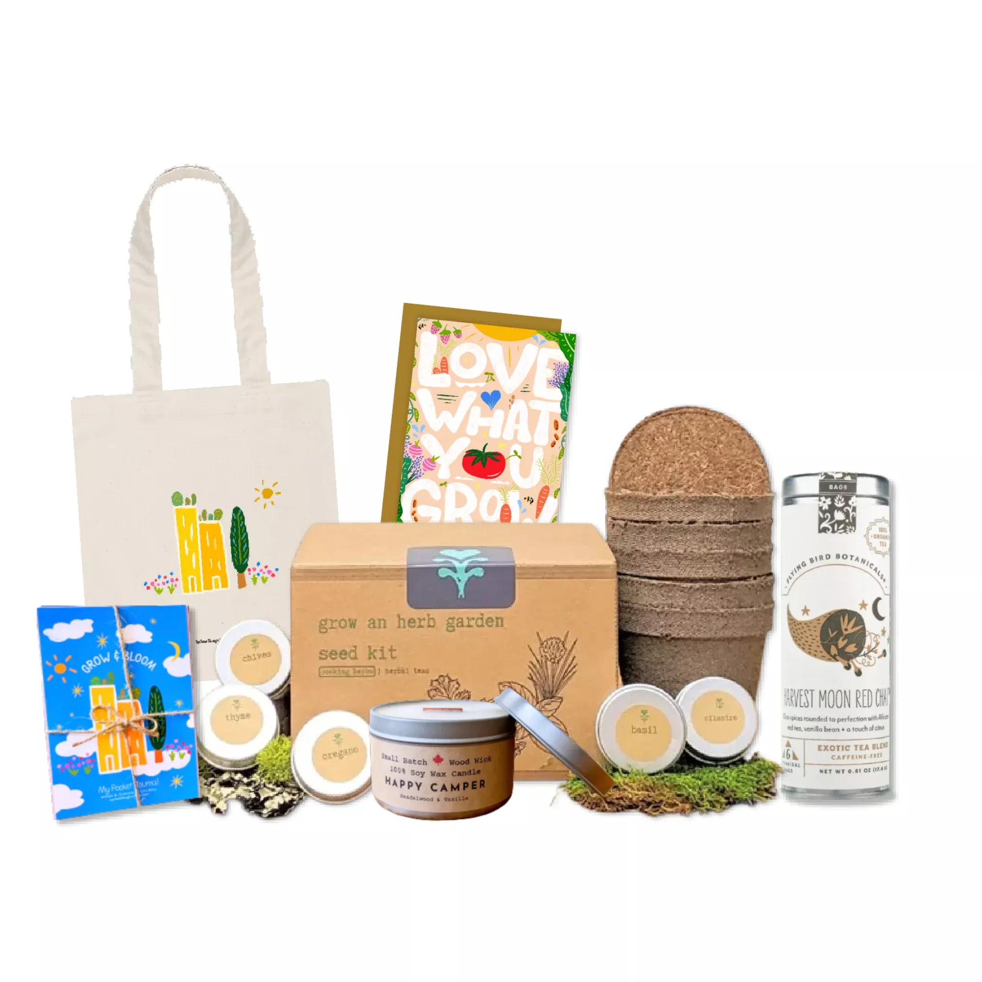 flavor-party-growing-gift-box-cooking-herbs-garden-kit-soy-candle-sandalwood-van "Flavor Party" Growing Gift Box: Cooking Herbs Garden Kit, Soy Candle (Sandalwood + Vanilla), Green Cities Tote, "Love What You Grow" Greeting Card, "Harvest Moon" Chai Tea, Mindfulness Journal (Grow & Bloom)
