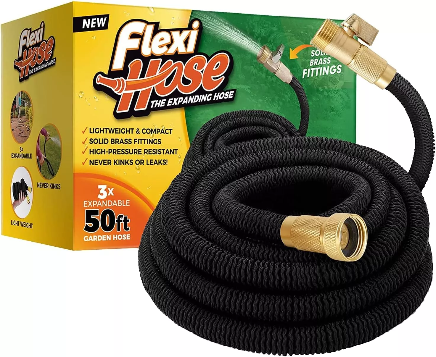 flexi-hose-upgraded-expandable-garden-hose-extra-strength-3-4-solid-brass-fittin Flexi Hose Upgraded Expandable Garden Hose Extra Strength 3/4 Solid Brass Fittings - The Ultimate No-Kink Flexible Water Hose (Black, 50 FT)
