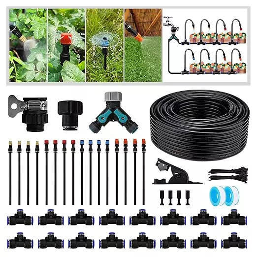 Garden Drip Irrigation Kit, 100ft Black Hose, 360° Pure Copper Closeable Nozzle, Patio Misting Plant Watering Sprinkler, Faucet Separator, Sprinkler Hose Adapter (28 360° nozzles + 28 T-connectors)