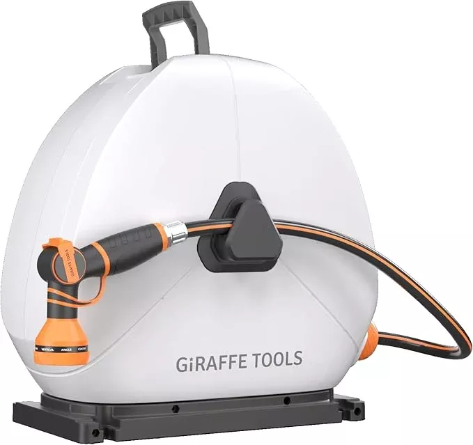 Giraffe Tools Ground Mounted Retractable Hose Reel 1/2 Inch x 130FT, Heavy Duty Automatic Rewind Garden Hose Reel, with Flexible Swivel Base for Lawn, Concrete Floor