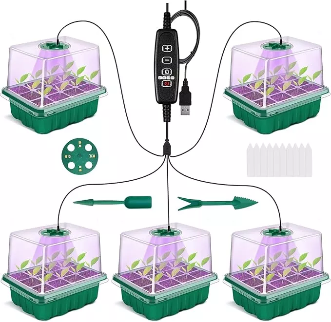 goonmmill-seed-starter-tray-with-timed-grow-light-5-packs-plant-starter-tray-see GOONMMILL Seed Starter Tray with Timed Grow Light, 5 Packs Plant Starter Tray Seedling Starter Kit with Humidity Domes Base Indoor Greenhouse Mini Propagator Station for Seeds Growing Starting