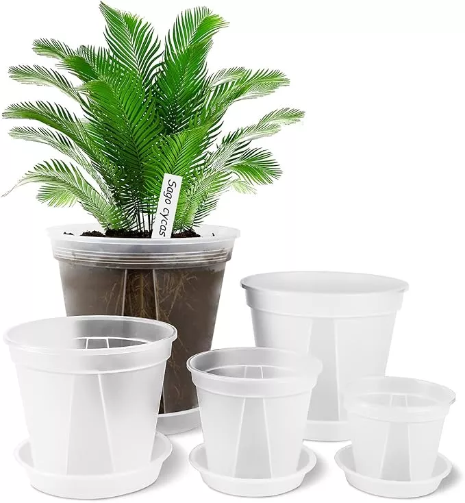 greenpara-transparent-plastic-garden-pots-planter-with-saucer-4-5-6-7-8-inch-pla GREENPARA Transparent Plastic Garden Pots Planter with Saucer 4/5 /6/7 /8 inch Plant Pot Nursery Pots Drainage Hole for House Plants, Herb, Flowers, and Cactus with 10pcs Plant Labels, 5-Set