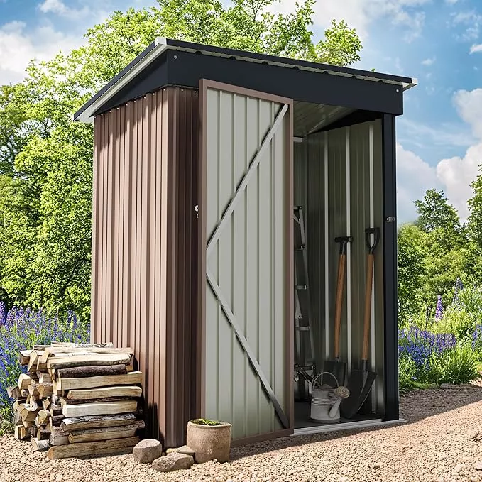 greesum-outdoor-storage-shed-5-x-3-ft-utility-tool-shed-metal-storage-garden-she Greesum Outdoor Storage Shed 5 x 3 ft. Utility Tool Shed Metal Storage Garden Shed with Door & Lock for Patio Storage, Brown