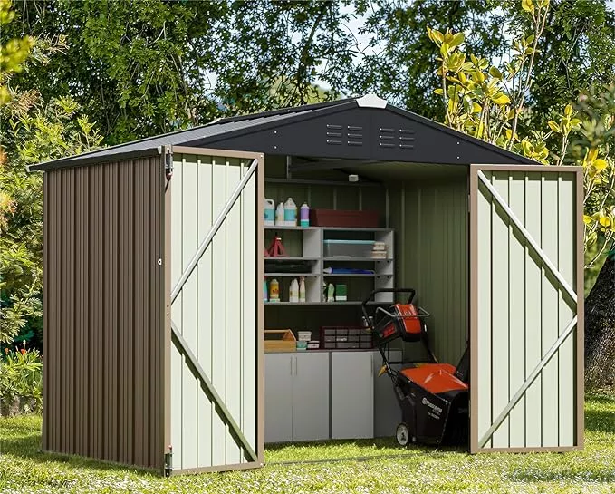 greesum-outdoor-storage-shed-6-x-8-ft-utility-tool-shed-metal-storage-garden-she Greesum Outdoor Storage Shed 6 x 8 ft. Utility Tool Shed Metal Storage Garden Shed with Door & Lock for Patio Storage, Brown