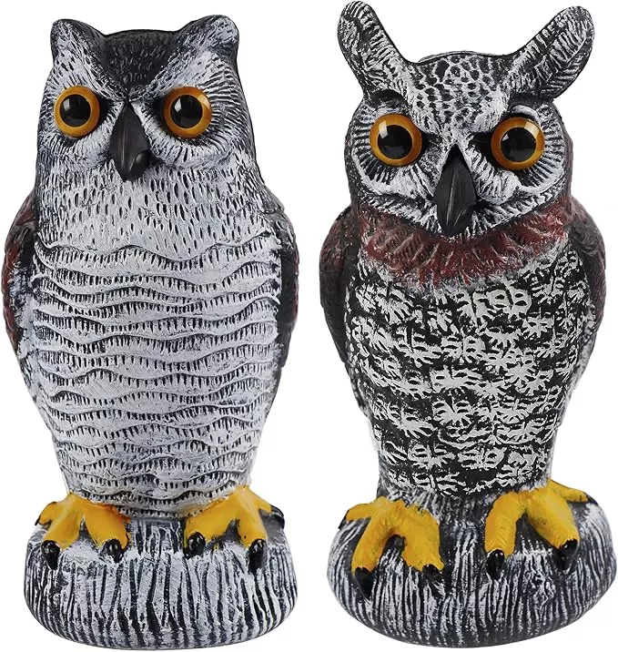 hausse-2-pack-fake-owl-decoy-bird-scarecrow-sculpture-plastic-horned-owl-bird-de Hausse 2 Pack Fake Owl Decoy Bird Scarecrow Sculpture, Plastic Horned Owl Bird Deterrents with Yellow Claws, Garden Protectors, Large Nature Enemy Pest Repellent for Outdoor Garden Yard