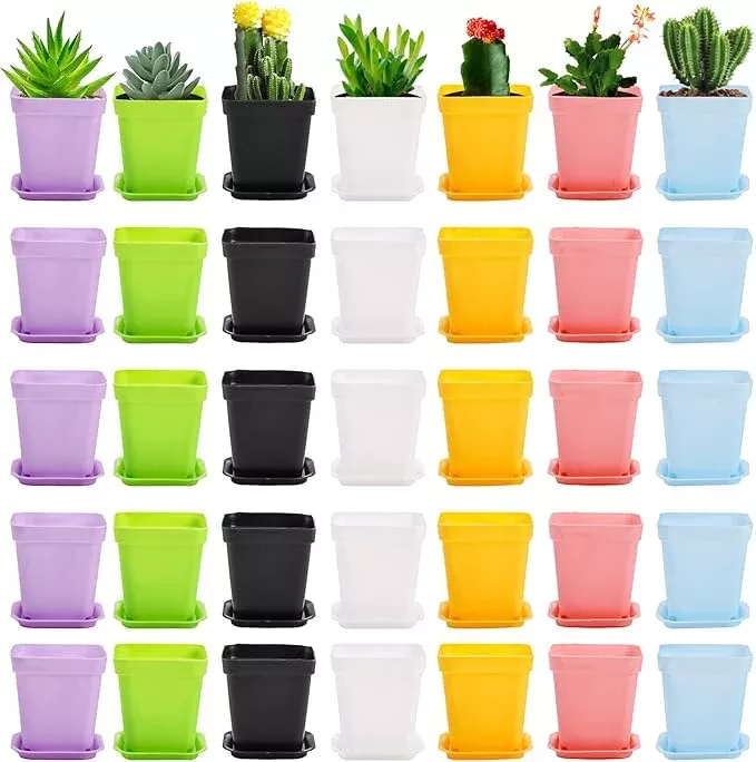 hedume-70-pack-mini-plastic-flower-seedling-nursery-pot-with-pallet-3-colorful-s Hedume 70 Pack Mini Plastic Flower Seedling Nursery Pot with Pallet, 3" Colorful Square Plant Pot, Indoor Outdoor Flower Plant Container, Decor for Room, Garden, Office and Balcony (7 Colors)