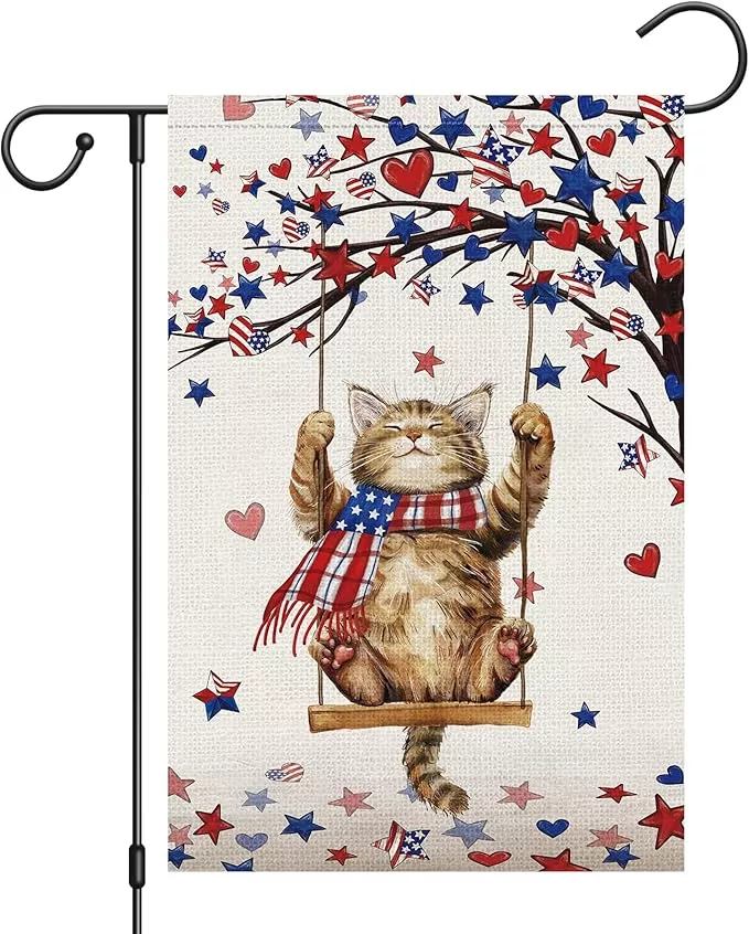 heyfibro-4th-july-patriotic-cute-cat-garden-flag-12x18-double-sided-burlap-heart Heyfibro 4th Of July Patriotic Cute Cat Garden Flag 12x18 Double Sided Burlap, Heart Star Tree Pattern USA Flags Retro Yard Banner for Rustic Independence Day Outdoor Decor (ONLY FLAG)