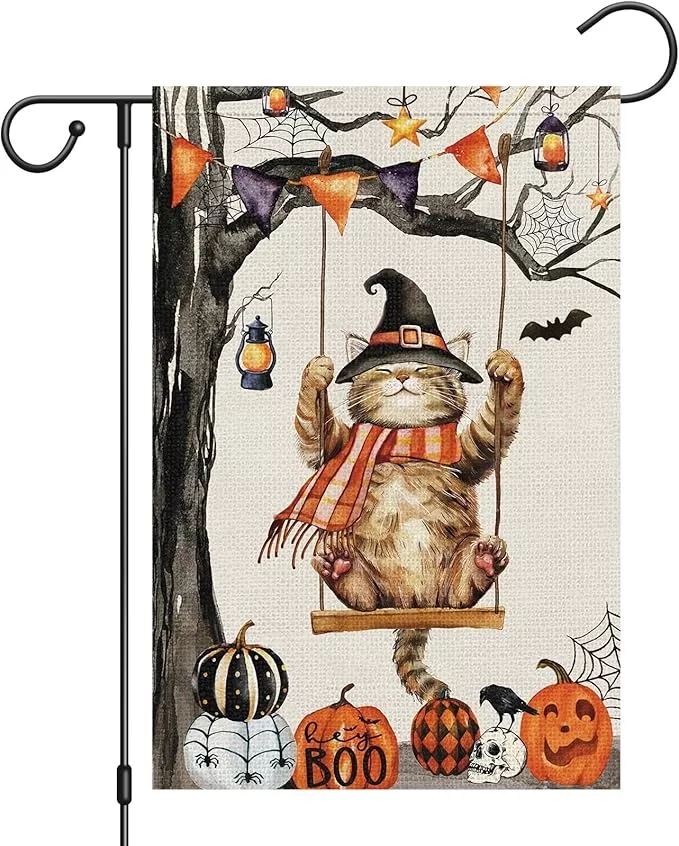 heyfibro-halloween-cute-cat-swing-garden-flags-12-x-18-inch-vertical-double-side Heyfibro Halloween Cute Cat Swing Garden Flags 12 x 18 Inch Vertical Double Sided Burlap, Pumpkin Skull Bat Yard Flag for Seasonal Fall Thanksgiving Farmhouse Decoration(ONLY FLAG)