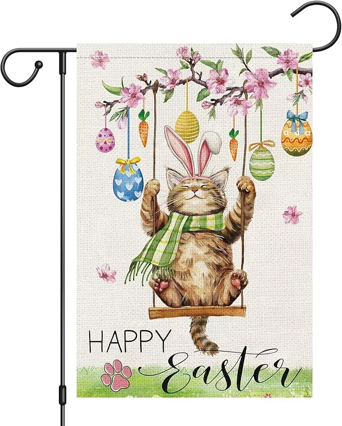 heyfibro-happy-easter-cute-cat-garden-flag-12x18-double-sided-burlap-spring-summ Heyfibro Happy Easter Cute Cat Garden Flag 12x18 Double Sided Burlap, Spring Summer Magnolia Flower Easter Egg Small Yard Banner for Seasonal Holiday Farmhouse Yard Outdoor Decor(ONLY FLAG)