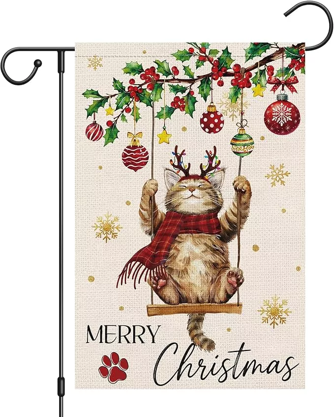 heyfibro-merry-christmas-cute-cat-swing-garden-flag-12x18-inch-double-sided-burl Heyfibro Merry Christmas Cute Cat Swing Garden Flag 12x18 Inch Double Sided Burlap, Retro Christmas Ball Snowflake Yard Banner for Winter Holiday Xmas Seasonal Outdoor Decoration(ONLY FLAG)