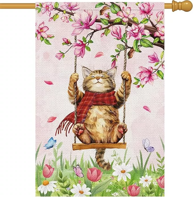heyfibro-spring-cute-cat-welcome-garden-flag-28x40-inch-double-sided-burlap-summ Heyfibro Spring Cute Cat Welcome Garden Flag 28x40 Inch Double Sided Burlap, Summer Magnolia Butterfly Flower Floral Yard Banner for Seasonal Holiday Farmhouse Outdoor Decor(ONLY FLAG)