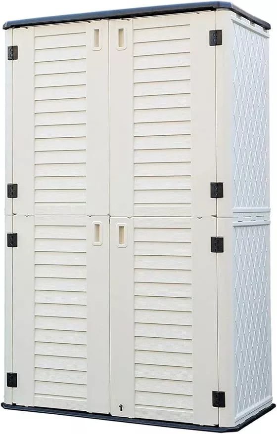 homspark-storage-shed-weather-resistance-multi-purpose-outdoor-storage-cabinet-b HOMSPARK Storage Shed Weather Resistance, Multi-Purpose Outdoor Storage Cabinet for Backyards and Patios, Horizontal Storage Shed for Lawnmower, Patio Accessories (Off-White, Large - 48 cu.ft)