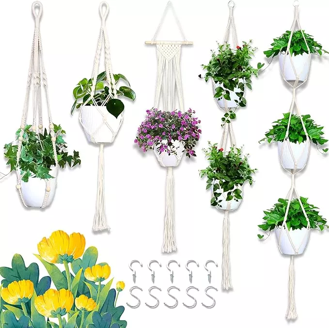 igaiety-macrame-plant-hanger-5-pcs-indoor-outdoor-hanging-plant-holders-handmade IGaiety Macrame Plant Hanger 5 Pcs Indoor Outdoor Hanging Plant Holders Handmade Plant Hangers Cotton Rope Planters with 5 Pcs Ceiling and S Hooks for Small Plants Pots Boho Home Decor