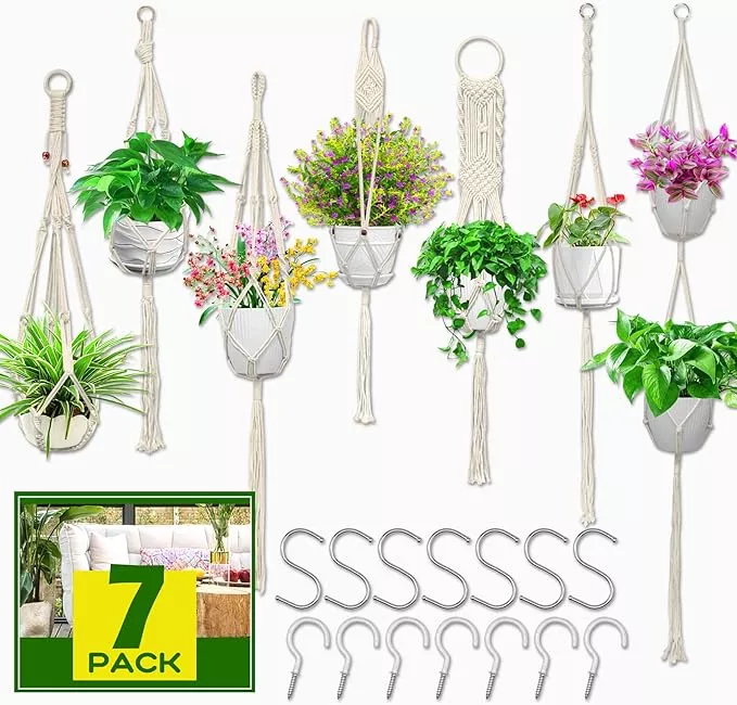 igaiety-macrame-plant-hanger-7-pack-plant-hanger-indoor-hanging-macrame-planters IGaiety Macrame Plant Hanger,7 Pack Plant Hanger Indoor Hanging Macrame Planters with 7Pcs Ceiling and S Hooks-Handmade Macromay Plant Hanger Outdoor Macrame Plant Holder for Boho Home Decor