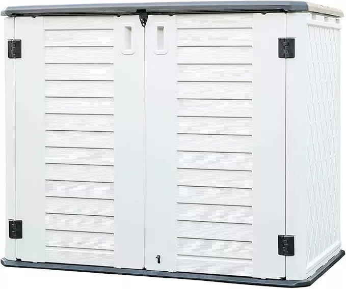 kinying-outdoor-storage-shed-horizontal-storage-box-waterproof-garden-patios-bac KINYING Outdoor Storage Shed - Horizontal Storage Box Waterproof for Garden, Patios, Backyards, Multi-Opening Door for Easy Storage of Bike, Garbage Cans, Tools, Lawn Mower, Off-White, 26 Cubic Feet