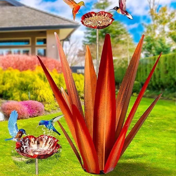 large-tequila-rustic-sculpture-rustic-metal-agave-plants-outdoor-patio-yard-home Large Tequila Rustic Sculpture, Rustic Metal Agave Plants for Outdoor Patio Yard, Home Decor Hand Painted Metal Agave Garden Yard Statue, Outdoor Lawn Ornaments (Red - L (W/Bird Feeder))