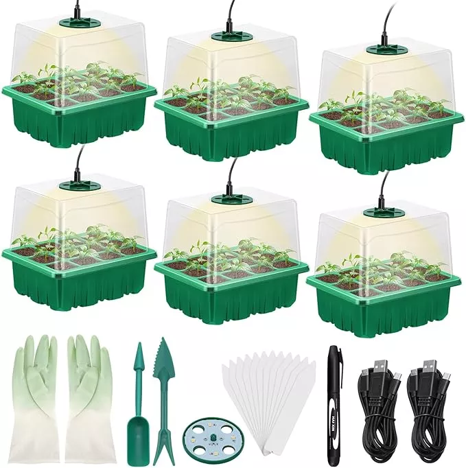 Lunies 6 Packs Seed Starter Tray with Grow Light, Indoor Greenhouse Seeding Starter Trays for Planting, Base Gardening Plant Germination Kit, Seed Starter Kit with Humidity Domes, (12 Cells per Tray)