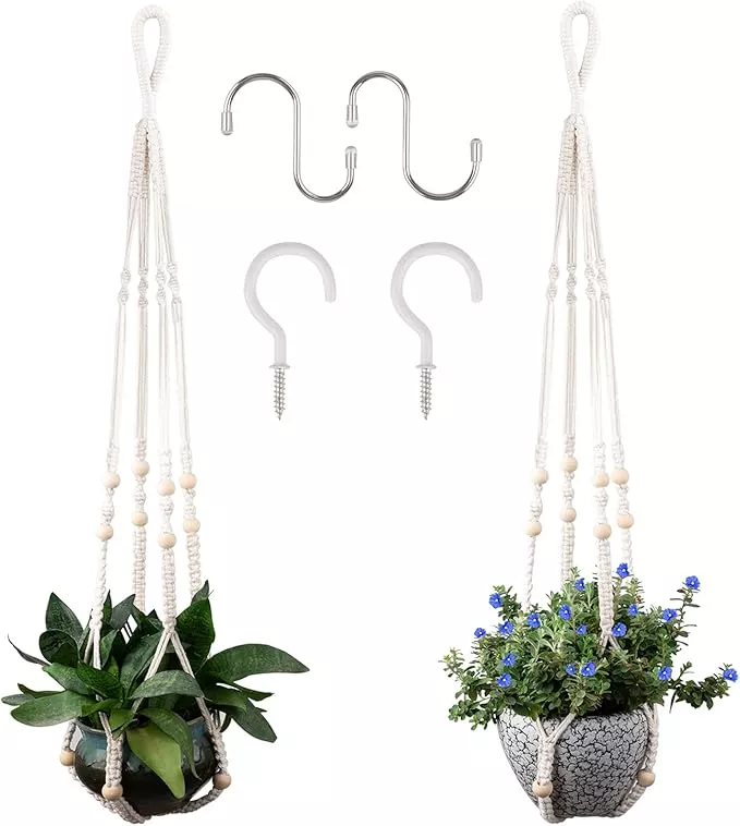 macrame-plant-hanger-5-to-10-inch-plant-pots-set-2-indoor-handmade-35-inch-woven Macrame Plant Hanger for 5 to 10 Inch Plant Pots, Set of 2 Indoor Handmade 35 Inch Woven Rope Hanger Kits with Hooks and Wood Beads, Hanging Planter Basket Holder for Boho Home Decor (Grey, 2 Pack)