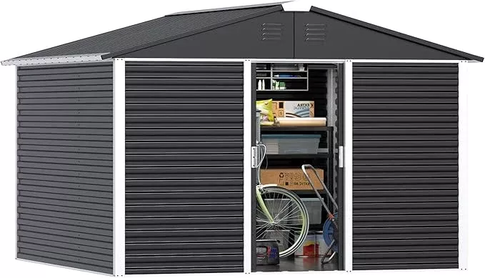 metal-outdoor-storage-shed-10ft-x-10ft-steel-utility-tool-shed-storage-house-wit Metal Outdoor Storage Shed 10FT x 10FT, Steel Utility Tool Shed Storage House with Sliding Door, Metal Sheds Outdoor Storage for Backyard Garden Patio Lawn, Blue