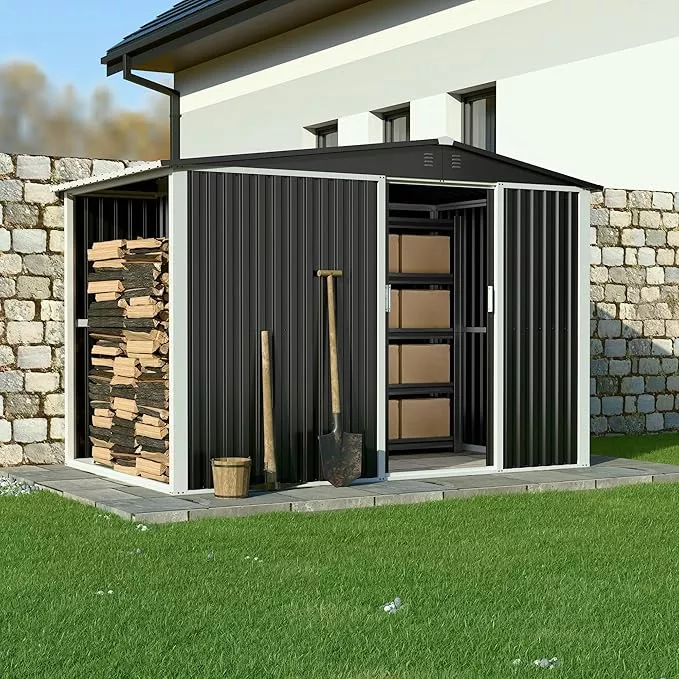 metal-outdoor-storage-shed-10ft-x-6ft-with-firewood-storage-steel-utility-tool-s Metal Outdoor Storage Shed 10FT x 6FT with Firewood Storage, Steel Utility Tool Shed Storage House with Sliding Door, Metal Sheds Outdoor Storage for Backyard Garden Patio Lawn, Blue