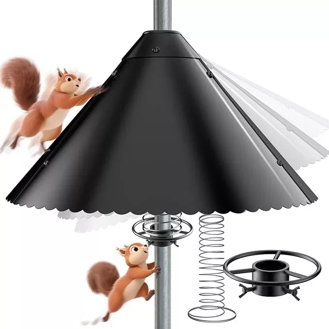 Metal Squirrel Baffle - Heavy Duty Squirrel Baffle for Bird Feeder Pole - Chew Proof Squirres Guard with Spring for Better Defense, Outside Pole Mount for Bird Feeder, 19 Inch