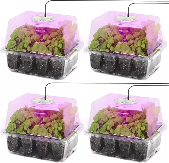 mixc-4-pack-seed-starter-tray-kit-with-plant-light-seedling-trays-with-adjustabl MIXC 4-Pack Seed Starter Tray Kit with Plant Light Seedling Trays with Adjustable Humidity Domes & Clear Cell Trays 12 Full Spectrum LED Beads for Indoor Plant Growth(Transparent)