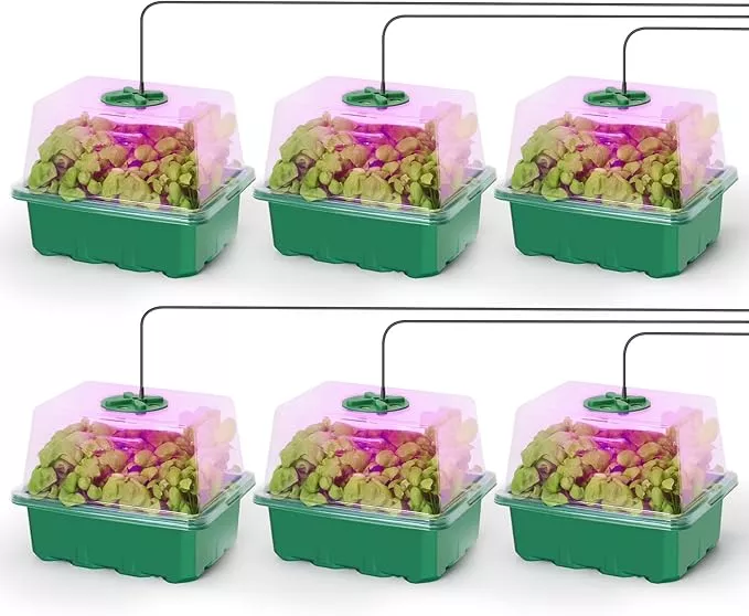 MIXC 6-Pack Seed Starter Tray Kit with Plant Light Seedling Trays with Adjustable Humidity Domes & Clear Cell Trays 12 Full Spectrum LED Beads for Indoor Plant Growth(Black)