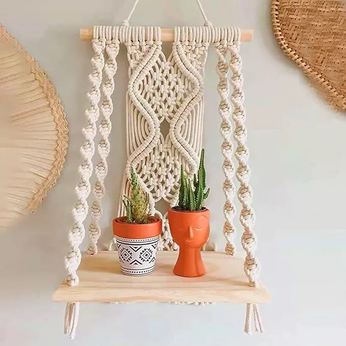 mong-handmade-macrame-wall-hanging-shelf-boho-indoor-rope-plant-pot-basket-hange Mong Handmade Macrame Wall Hanging Shelf, Boho Indoor Rope Plant Pot Basket Hanger Holder, Rope Plant Hanger for Wall Decor Indoor Outdoor