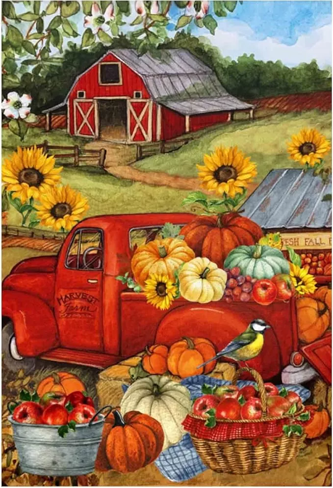 morigins-autumn-harvest-farm-truck-fall-pumpkin-garden-decorations-double-sided- Morigins Autumn Harvest Farm Truck Fall Pumpkin Garden Decorations Double Sided FarmHouse Outdoor Garden Flag 12.5 x 18 Inch