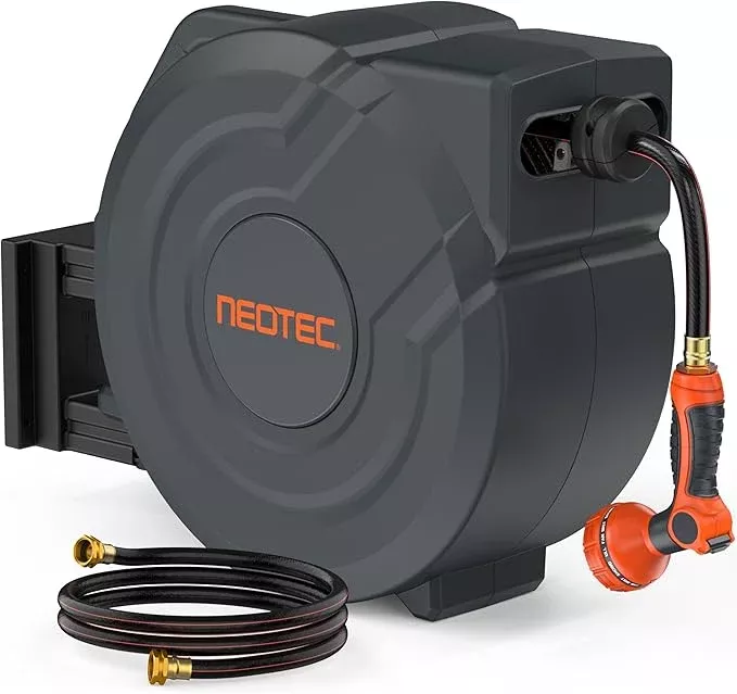 neotec-retractable-garden-hose-reel-5-8-inch-x-90ft-wall-mounted-heavy-duty-hose NEOTEC Retractable Garden Hose Reel 5/8 inch x 90ft - Wall Mounted Heavy Duty Hose Reel with 3/4 Inch Brass Fittings & 9-Pattern Nozzle - Auto Rewind System, Any Length Lock, 180° Swivel Bracket