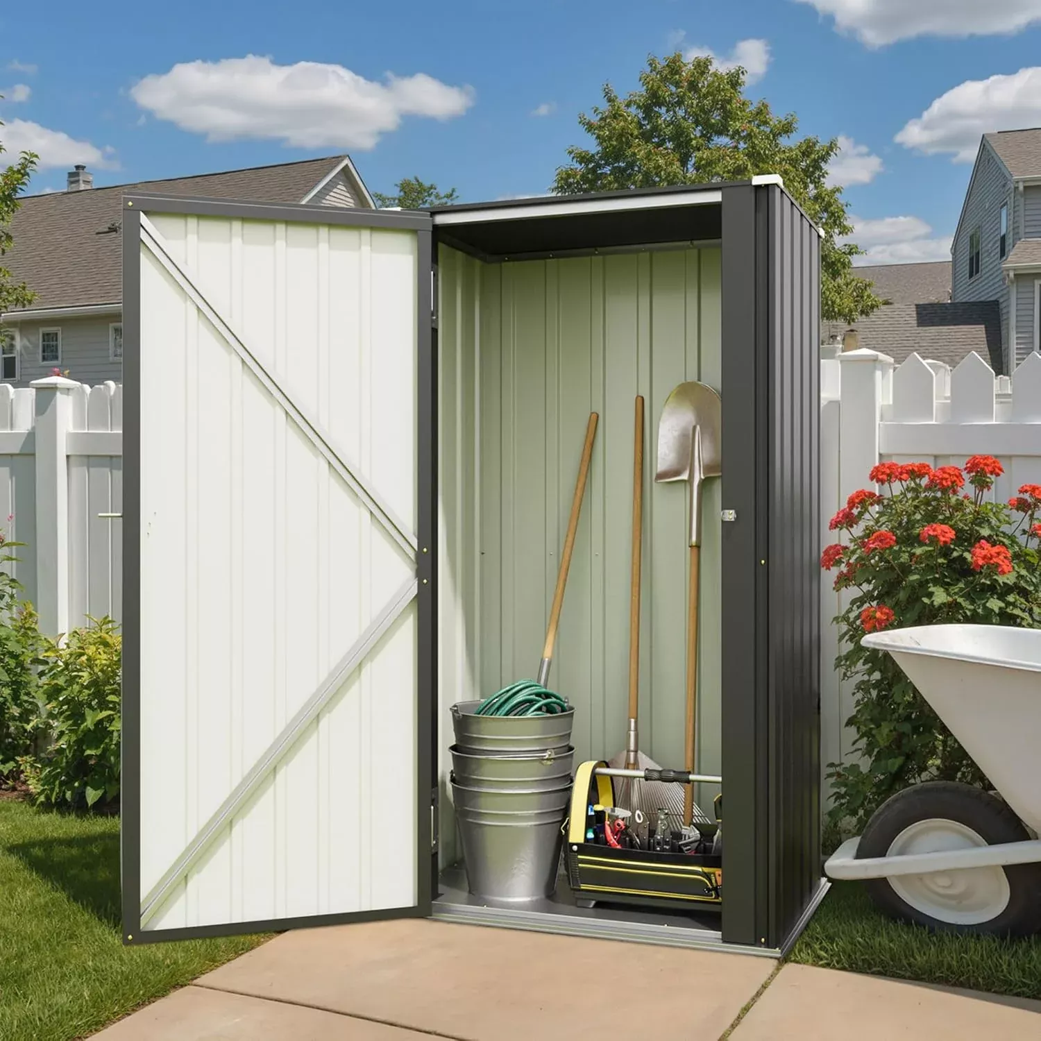 patiowell-22-cuft-outdoor-storage-cabinet-metal-storage-shed-with-lockable-door- Patiowell 22 Cuft Outdoor Storage Cabinet, Metal Storage Shed with Lockable Door, Indoor Outdoor Vertical Waterproof Tool Shed Without Adjustable Shelves for Patio Garden Backyard, Black